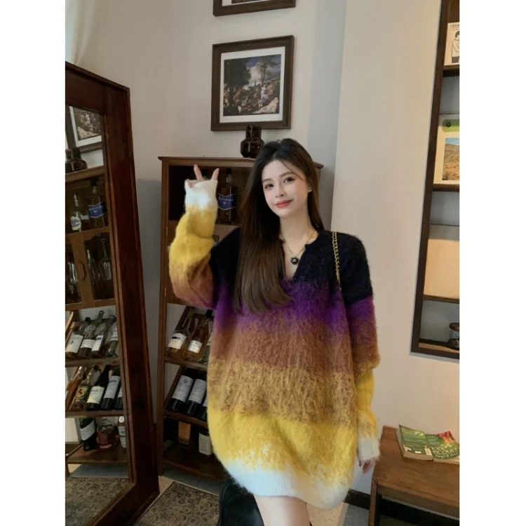 

Korobov Y2k Vintage Lazy Style Sweater Gradient Mohair Hair V-neck Knitwears Loose Long Pullovers Korean Fashion Pull Femme