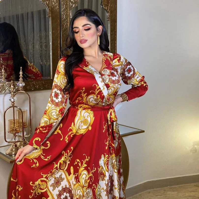 

Arabic Dubai Muslim Print Dresses for Women 2022 Autumn Long Sleeve Kaftan Female Maxi Dress Elegant Plus Size Party Vestidos