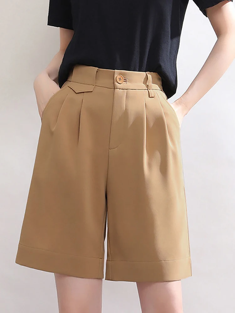 Summer Green Shorts Women High Waist Straight Knee-length Shorts for Women with Pocket Wide Leg Casual Short Pants Ladies Office