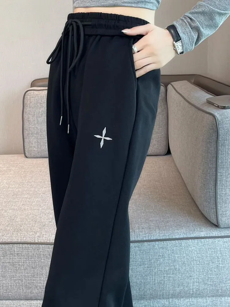 Корейские модные свободные прямые брюки женские эластичные спортивные штаны с