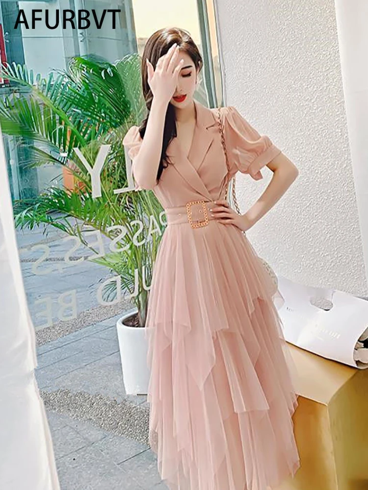 

V Neck Summer Patchwork Mesh Long Dress Women Elegant Short Sleeve A-Line Dresses Robe High Waist Sexy Midi Dress 2022 Chic
