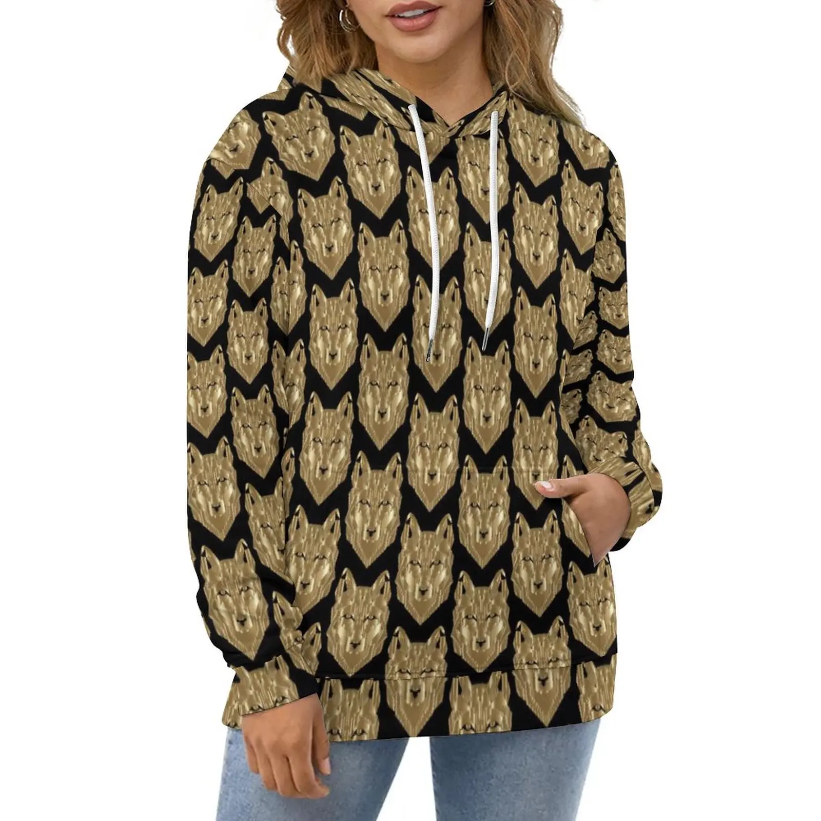 

Gold Wolf Print Hoodies Funny Animal Classic Oversize Hoodie Female Long Sleeve Kawaii Printed Casual Sweatshirts
