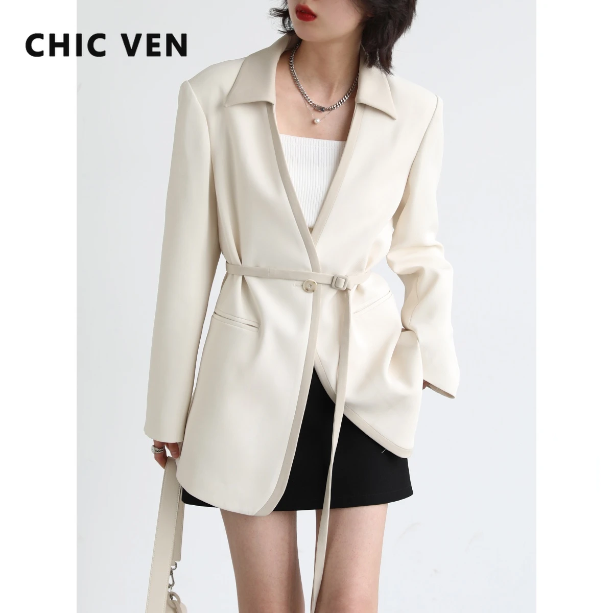 CHIC VEN Fashion Contrast Color Belt Blazer for Women One Button Suit Coat Women's Loose Overcoat 2022 Office Lady Spring Autumn