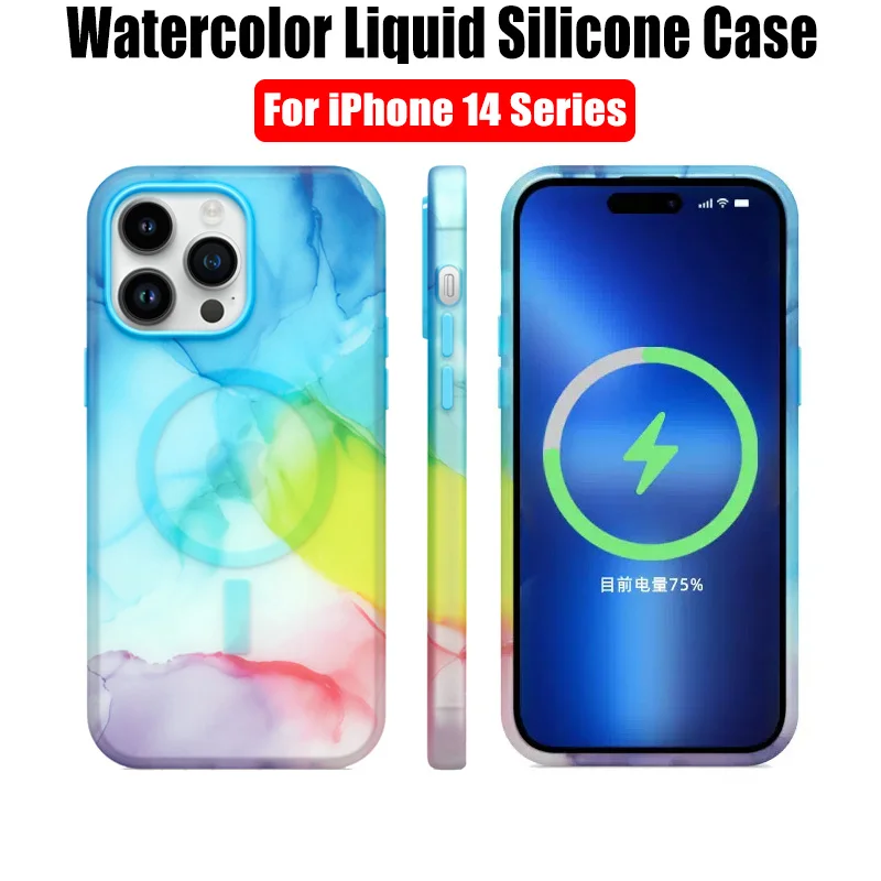 

New Fashion Watercolour Official Liquid Silicone TPU Case For iPhone 14 Pro Max Plus Magnetic Charging Support Top Quality