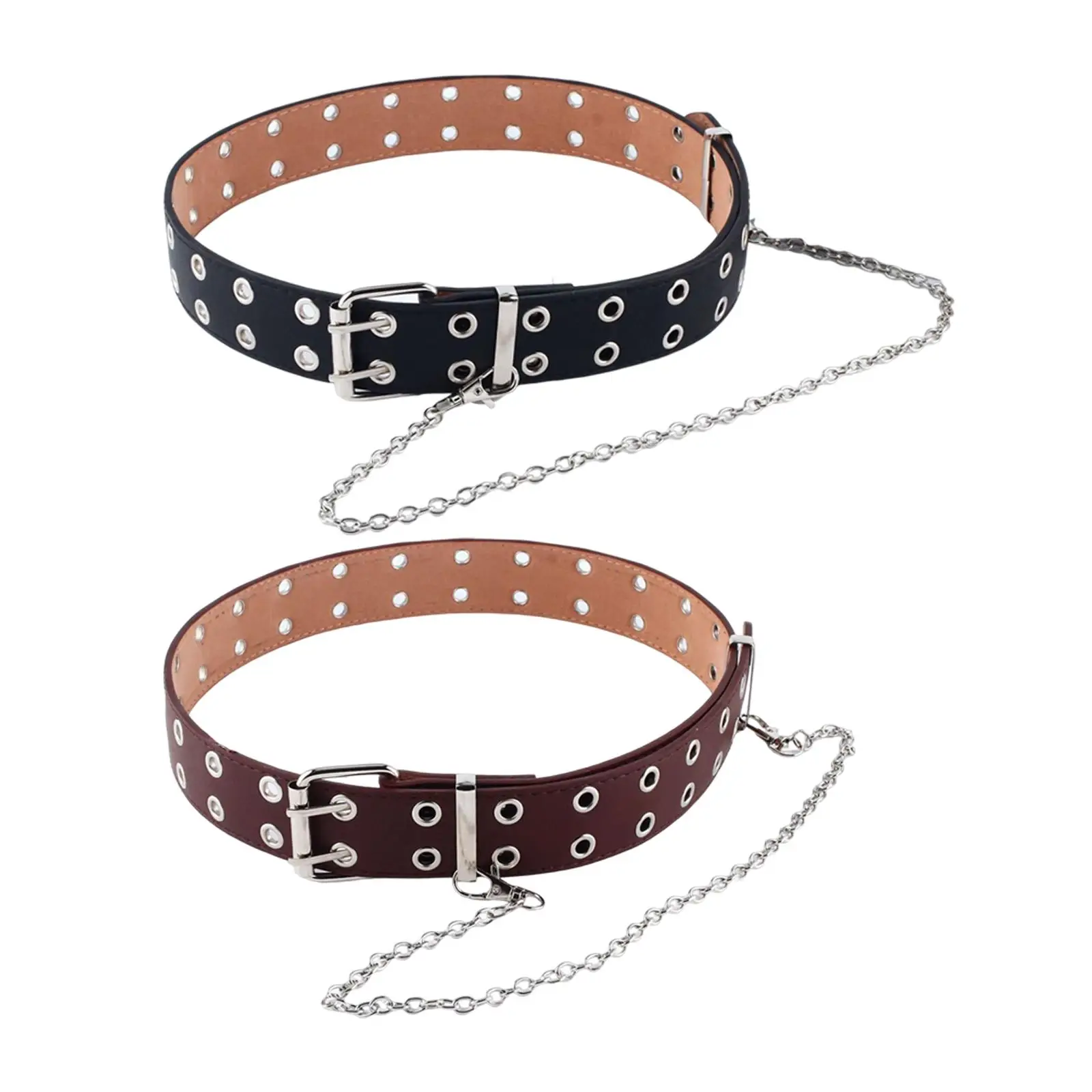 

Western Belt Waist Strap Clothing Handmade Dress Decoration with Chain Double Eyelets Hole Rock PU Leather Waistband for Casual