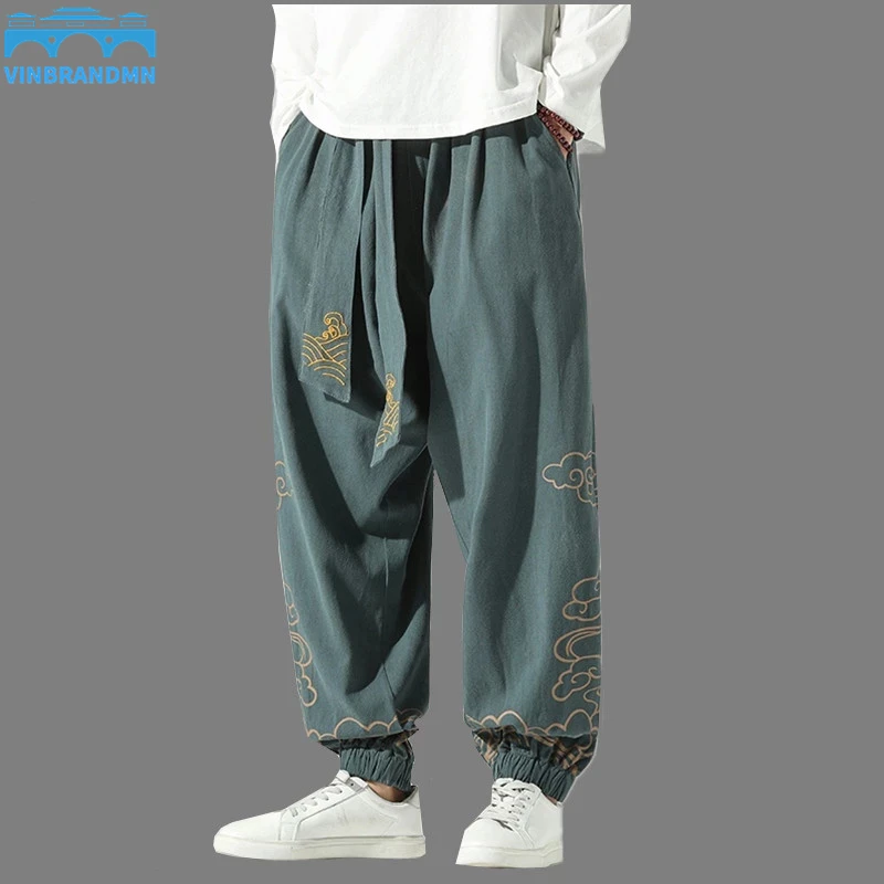 

Брюки Vinbrandmn в китайском стиле ретро с рисунком благоприятных облаков мужская одежда осенняя модная одежда Свободные повседневные шаровары из конопли