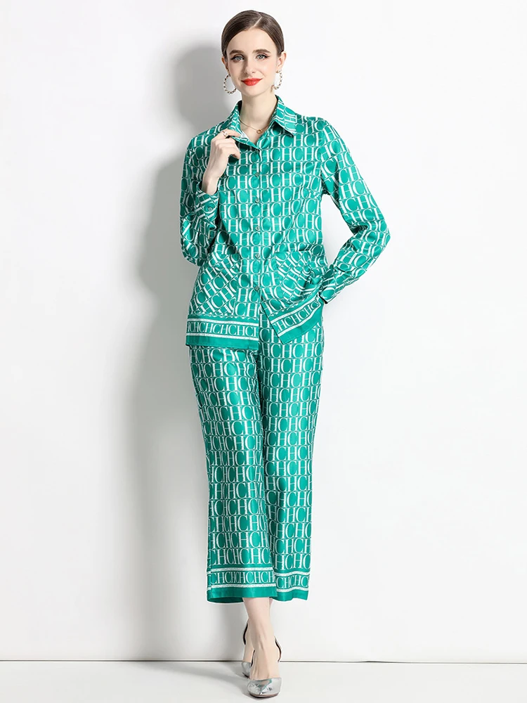 

Runway Letters Print Long Pants Suit Women's Long Sleeve Blouse Shirts + High Waist Pockets Straight Trouses 2 Pieces Set M2049