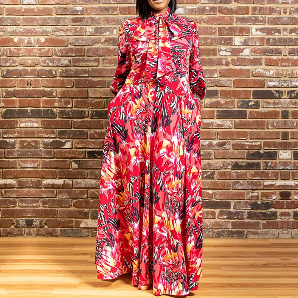 

Long Sleeve Dress Plus Size Women Clothing 2022 Casual 3XL 4XL 5XL Large Sizes Clothing Female Elegant Bow Winter Maxi Dresses