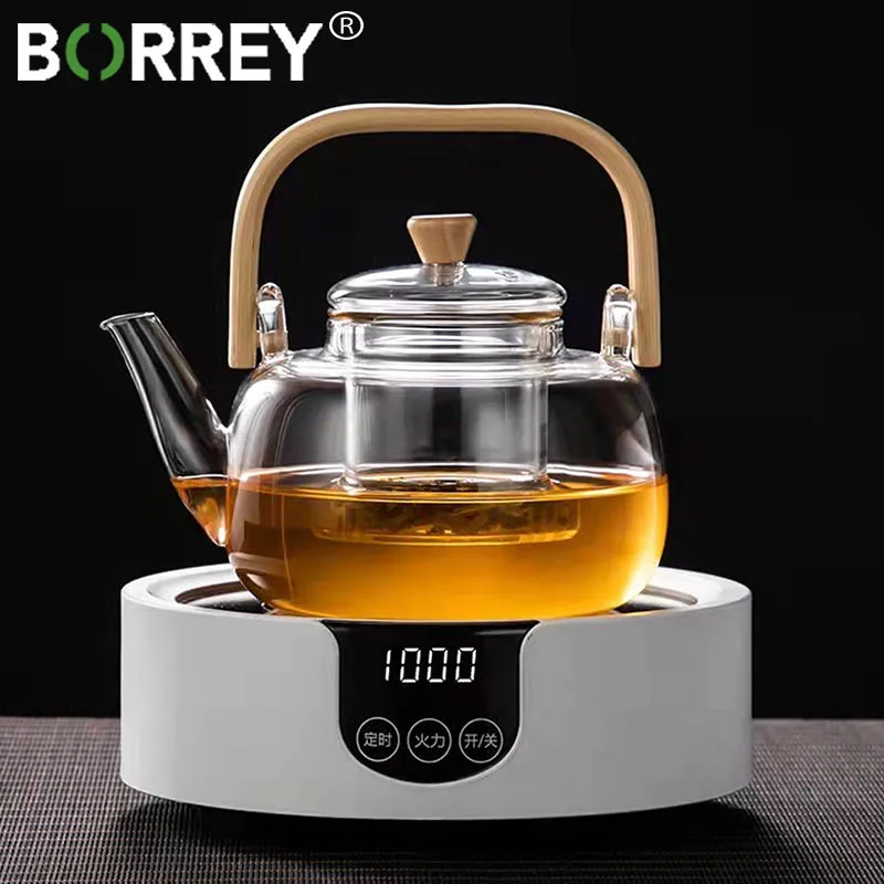 

BORREY Handle Big Glass Cook Teapot With base Flower Tea Kettle Large Clear Glass Fruit Juice Container Tea pot Tea Cups 1000ML