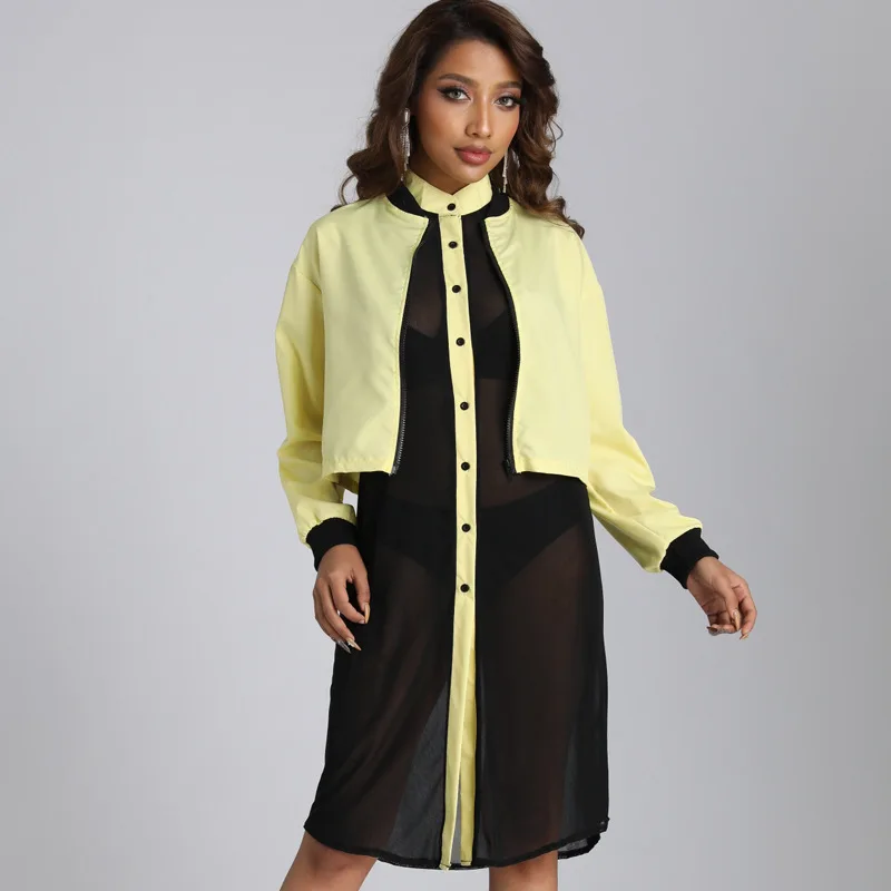 

Женское модное Привлекательное платье из двух частей с контрастной прострочкой, Солнцезащитный прозрачный сетчатый жилет, лето 2022