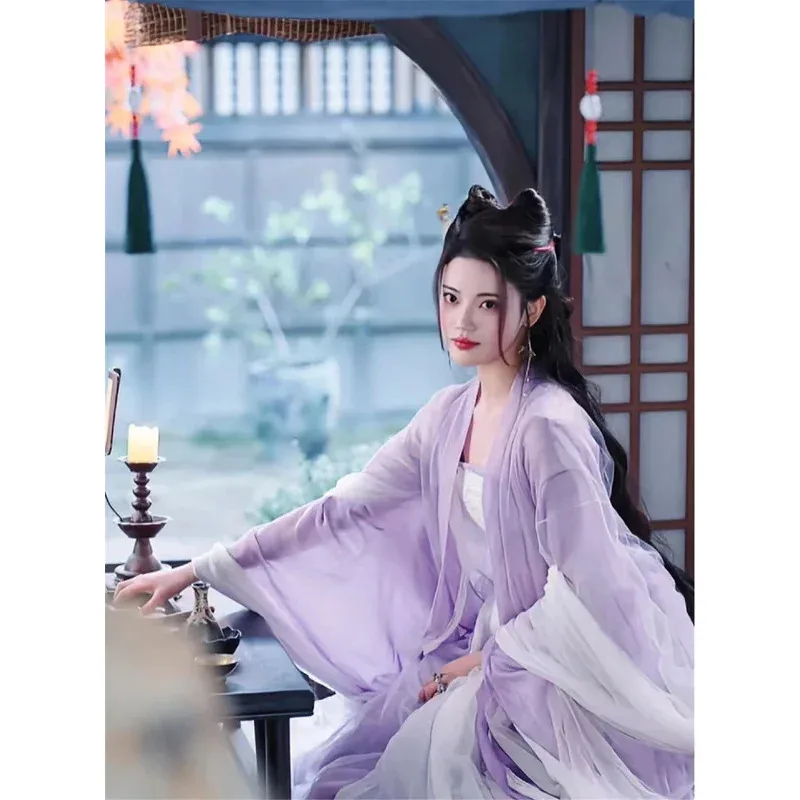 Фото Changyue Jinming Pianran Han Платье Элегантная такая же одежда Little Fox Улучшенный костюм Фея с большими рукавами Фиолетовый NM261 №1