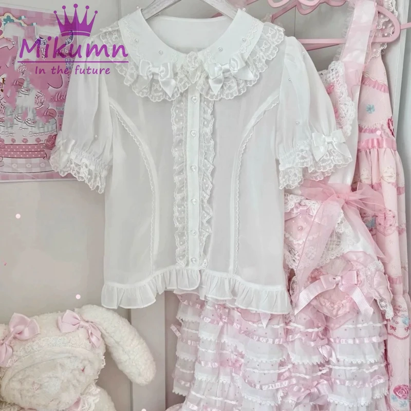 Фото Женская блузка Mikumn Harajuku Kawaii в стиле Лолита, нежно-розовая, с воротником Питер Пэн, жемчужным бантом, кружевом, в стиле Y2K, японская милая блузка с рюшами №2