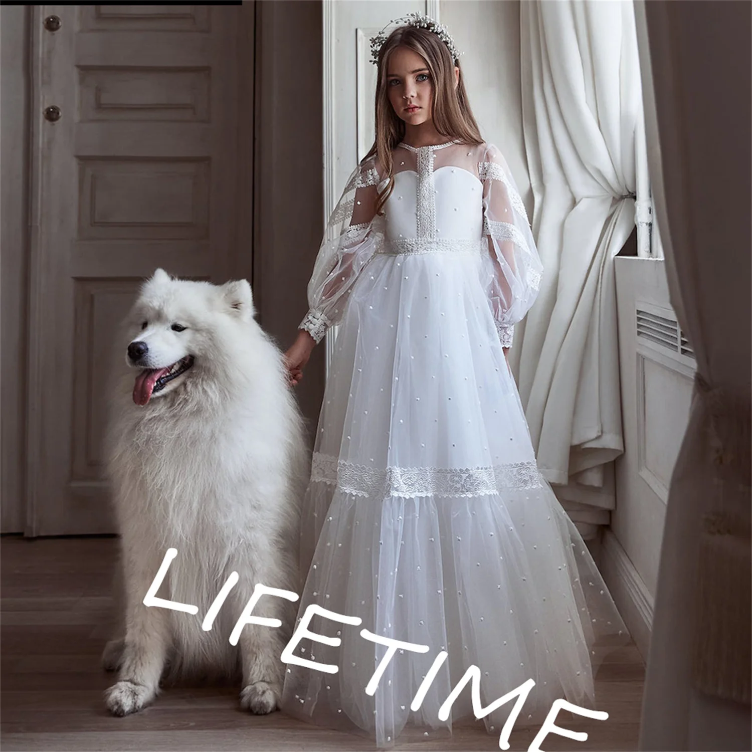 

Детское кружевное платье с круглым вырезом, с цветочным принтом