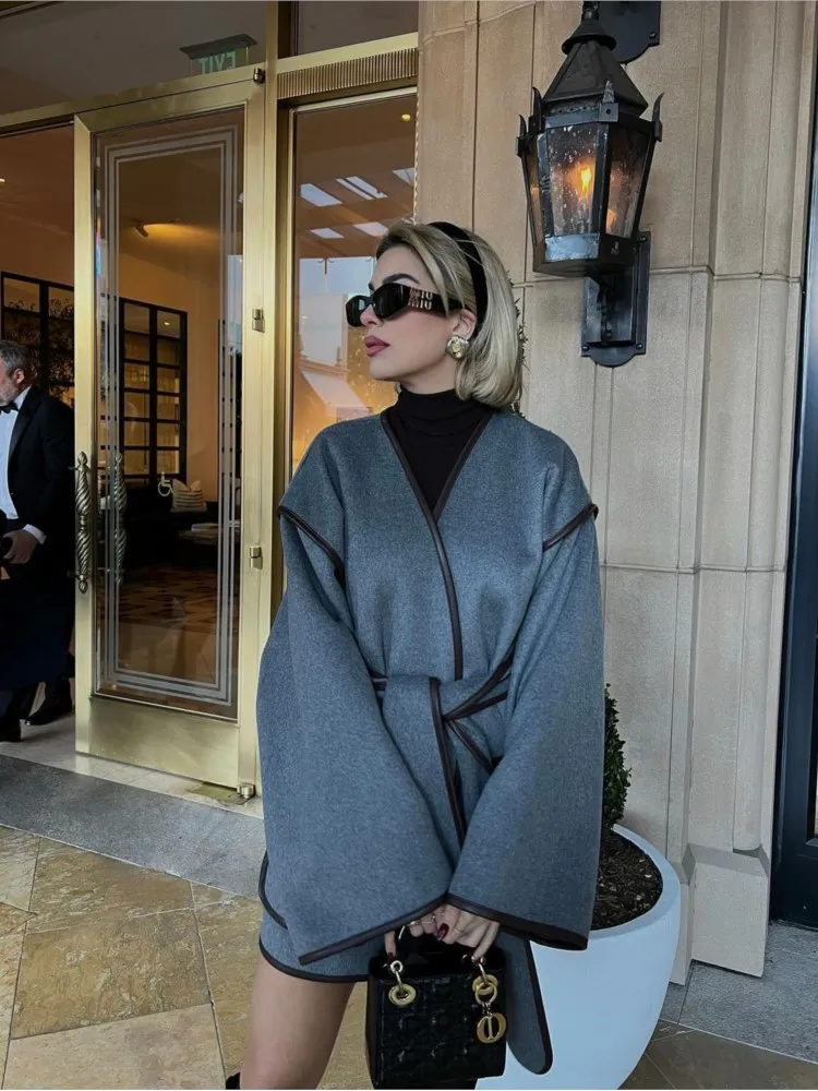 Шерстяное пальто на шнуровке куртка с завязкой талии цветное лоскутное со