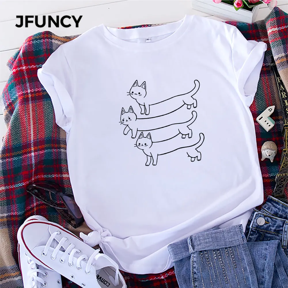 JFUNCY  5XL Women Tee Shirt 100% Cotton Short Sleeve Casual Female Tshirt Cat Print T-shirt Woman Summer Loose Tops