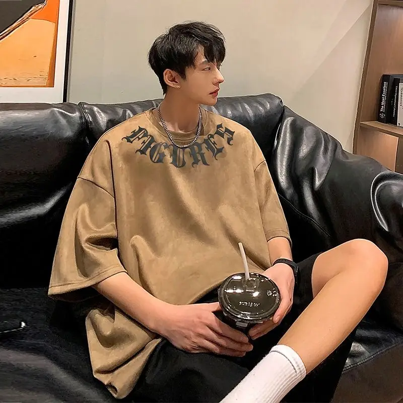 

Suede short sleeved t-shirt men summer sleeves heavy brand trend American retro oversized t shirt y2k top men clothing harajuku