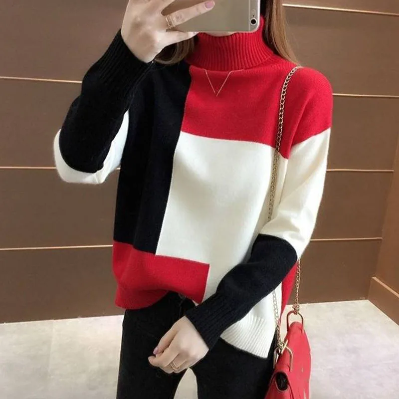 

Women Turtleneck Sweater Pullover Fashion Patchwork Long Sleeve Knitted Sweaters Contrast Thick Warm Women's Jumper Top