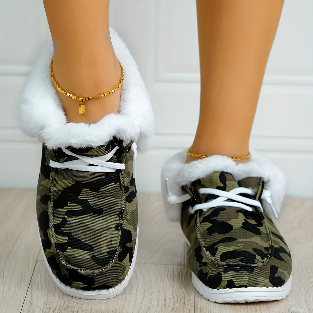 Женские пушистые парусиновые туфли камуфляжная обувь с круглым носком без