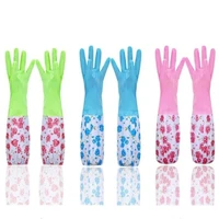 household thickened gloves for home cleaning flower rubber velvet long dishwashing cleaning gloves domestic cleaning tools