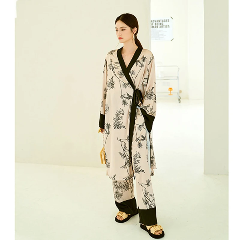 Kimono Pajama Set Women's Oversize Floral Print Silk Laides Sleepwear Saitn Luxury 2 Pieces Set Pijama Suit Pyjama for Female