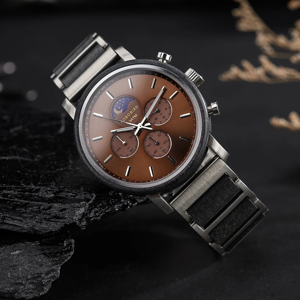 BOBO BIRD Casual Sport Watch for Men Top Brand Moon Phase Chronograph Wooden Watches Luxury Sports Quartz Movement montre homme