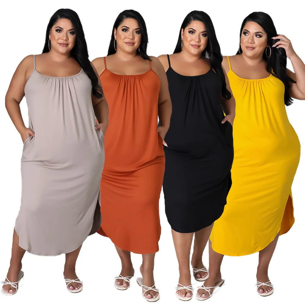 Plus Size Summer Dresses Women Clothes Solid Tank Pockets Elegant Loose Holiday Maxi Dress New Wholesa 3xl 4xl 5xl 6xl
