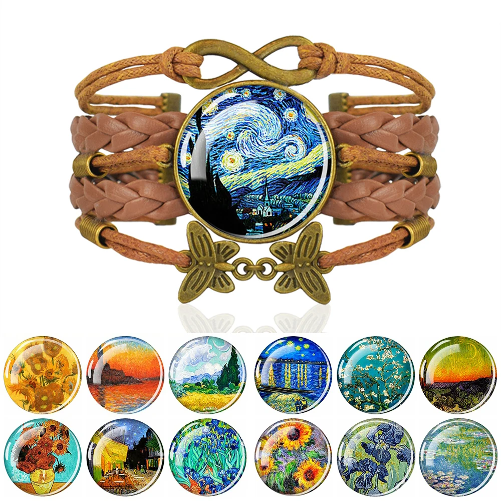 

Oil Painting Starry Night Sunflower Multilayer Braided Bracelets Glass Face Bracelet Men Women Van Gogh Monet Art Jewelry Gift