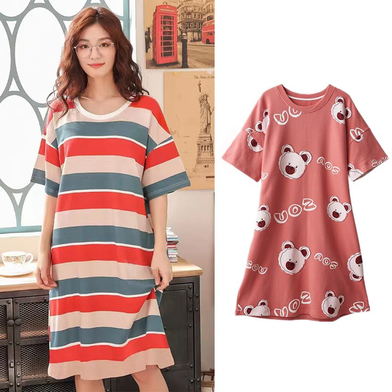 Women Sleeping Dress Korean Short Sleeve Nightgown 2022 Summer Plus Size Ladies Sleepwear Lounge Cartoon Print Pajamas Cute