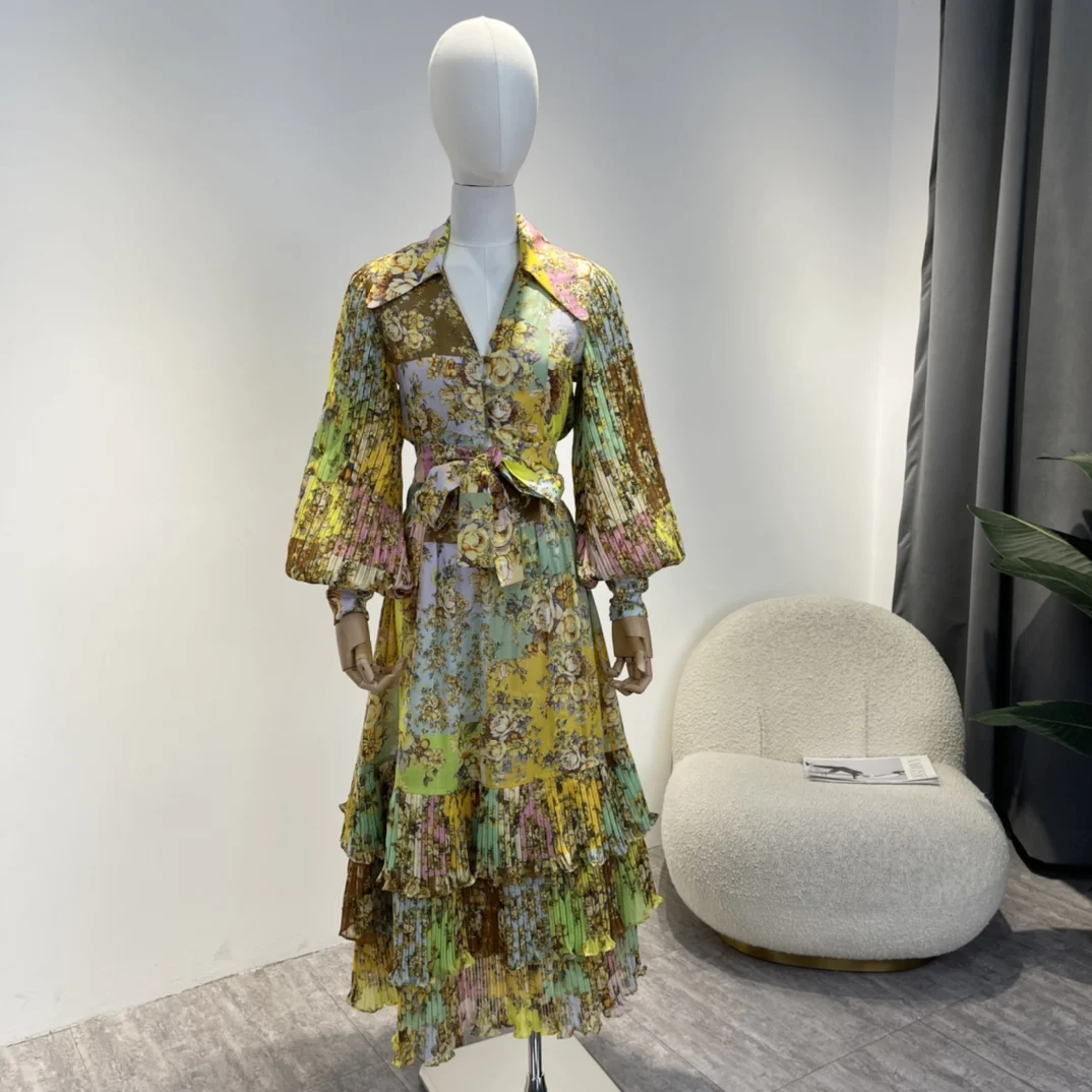 

Latest Autumn Suit 2022 Top Quality Linen Gold Yellow Floral Print Long Sleeve Pleat Blouse High Waist Skirt Set for Women