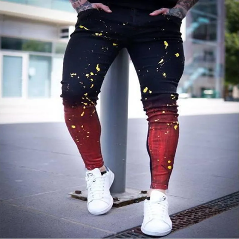Mens Fashion Paint Gradient Ripped Skinny Jeans Men Aesthetic Clothing Zipper Slim Cowboy Trousers Male Casual Sport Jean S-3XL