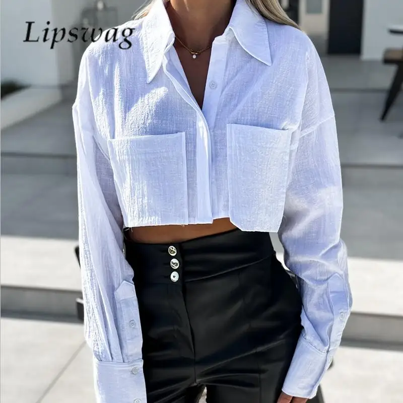 

Autumn Turn Down Collar Exposed Navel Female Blouse Fashion Long Sleeve Pocket Design Crop Tops Women Solid Color Short Shirts