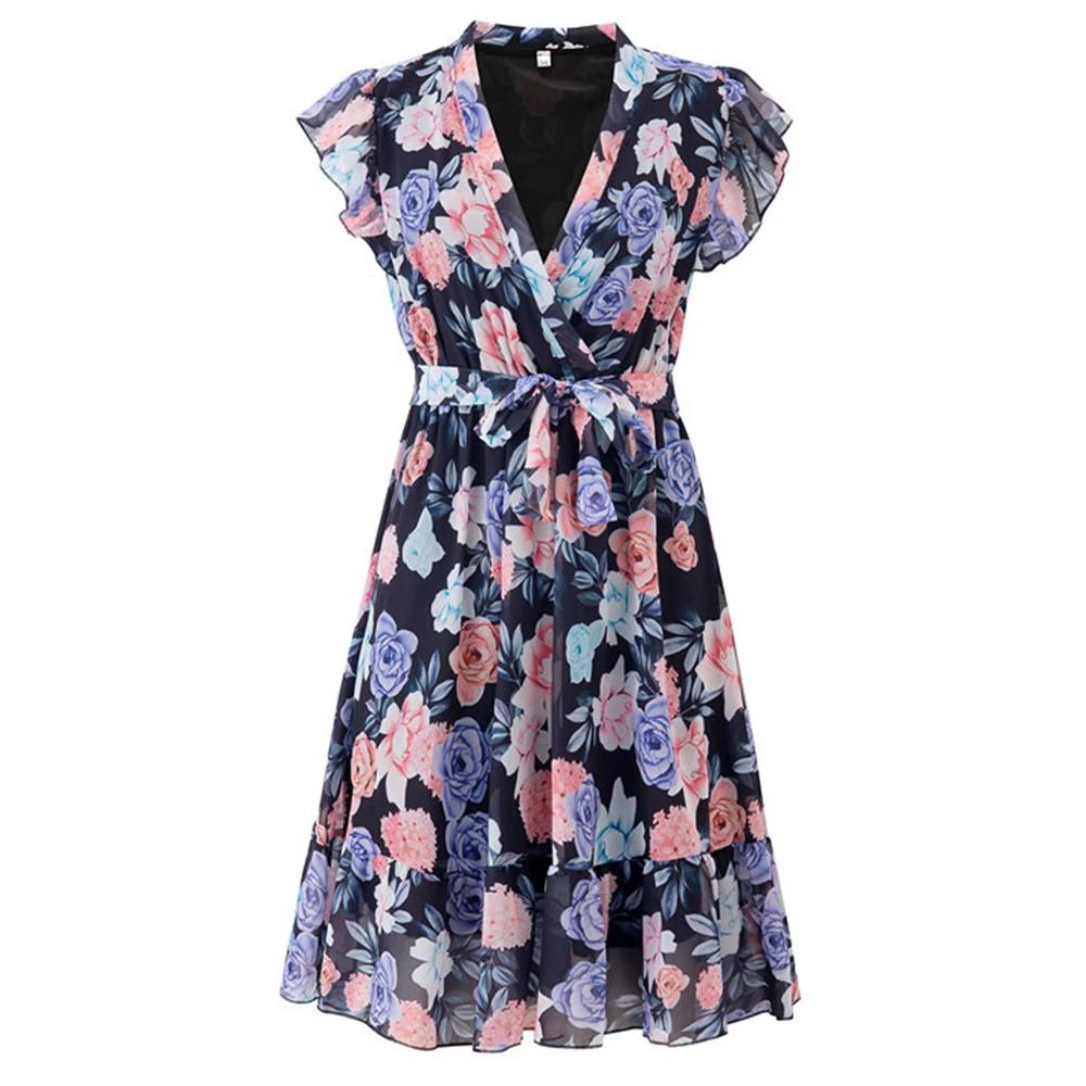 Женское шифоновое мини-платье с цветочным принтом коротким рукавом и V-образным