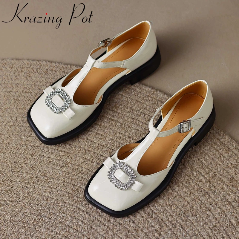Krazing Pot cow patent leather square toe med heel Mary janes rhinestone decorations beauty girls dating sweet women pumps L06