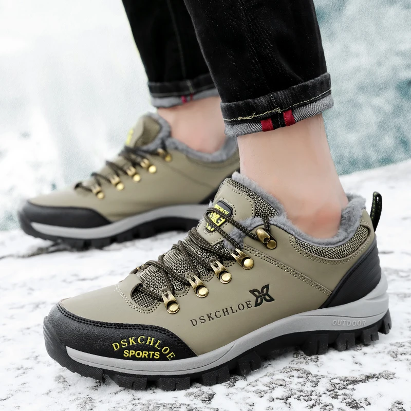 HIKEUP Hiking Shoes Outdoor Men Sneakers Leather Winter Low-Top Plus Wool Men's Shoes Wear-Resistant Climbing Trekking Sports