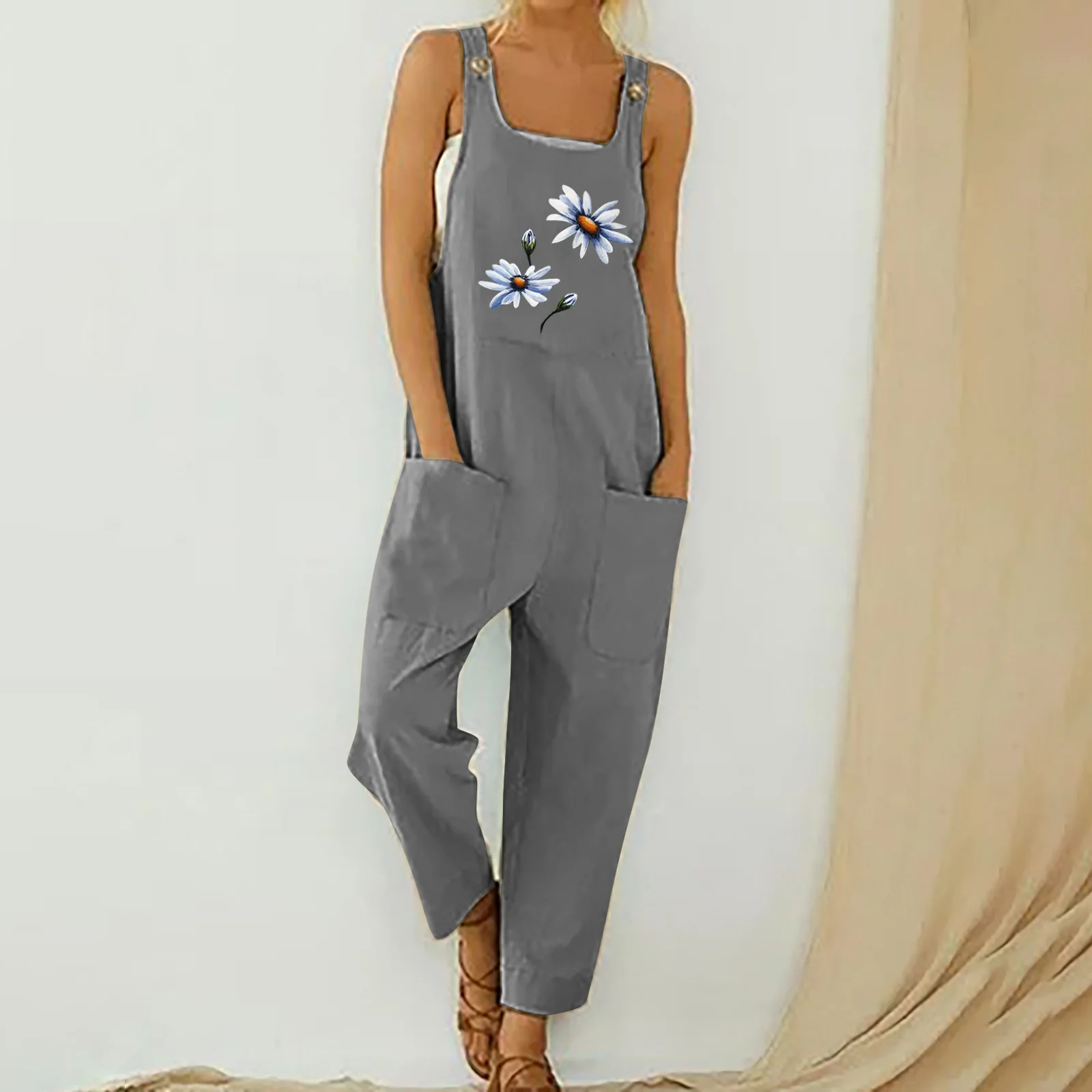 Female Bodysuit Vintage Casual Boho Romper Long Summer Jumpsuit Strap Button Pocket Floral Playsuit Daisy Print Women Jumpsuit