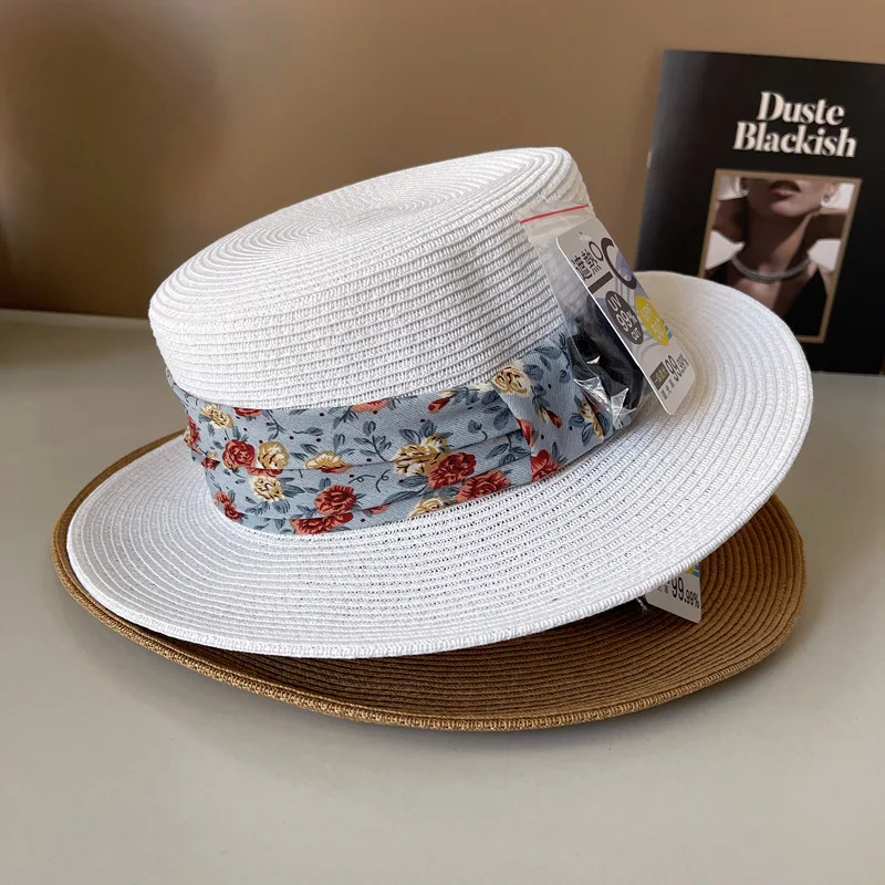 Wide Brim Summer Hat for Women Flat Top Flower Ribbon Decoration Straw Hat Sun Hat Beach Hat Sun Protection Kentucky Derby Hat