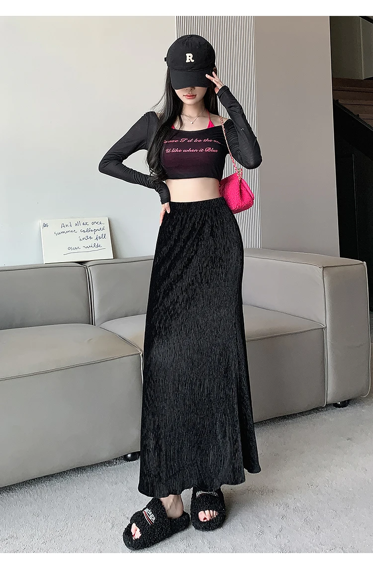 Юбка-годе плиссированная бархатная с высокой талией на осень и зиму