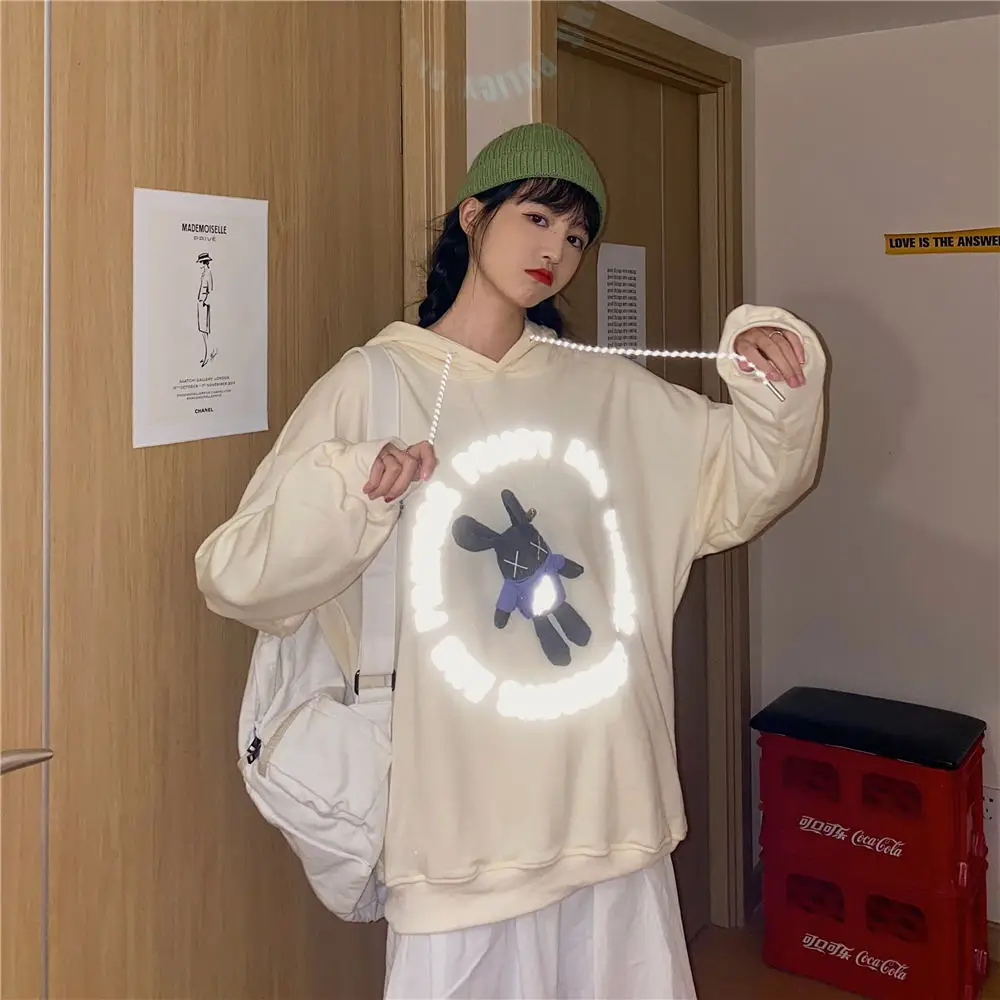 

Kawaii Luminous Letters Women Sweatshirts Free Doll Rabbit Comfort Casual Hoodies Spring Autumn Thin Loose O-Neck Cute Pullovers
