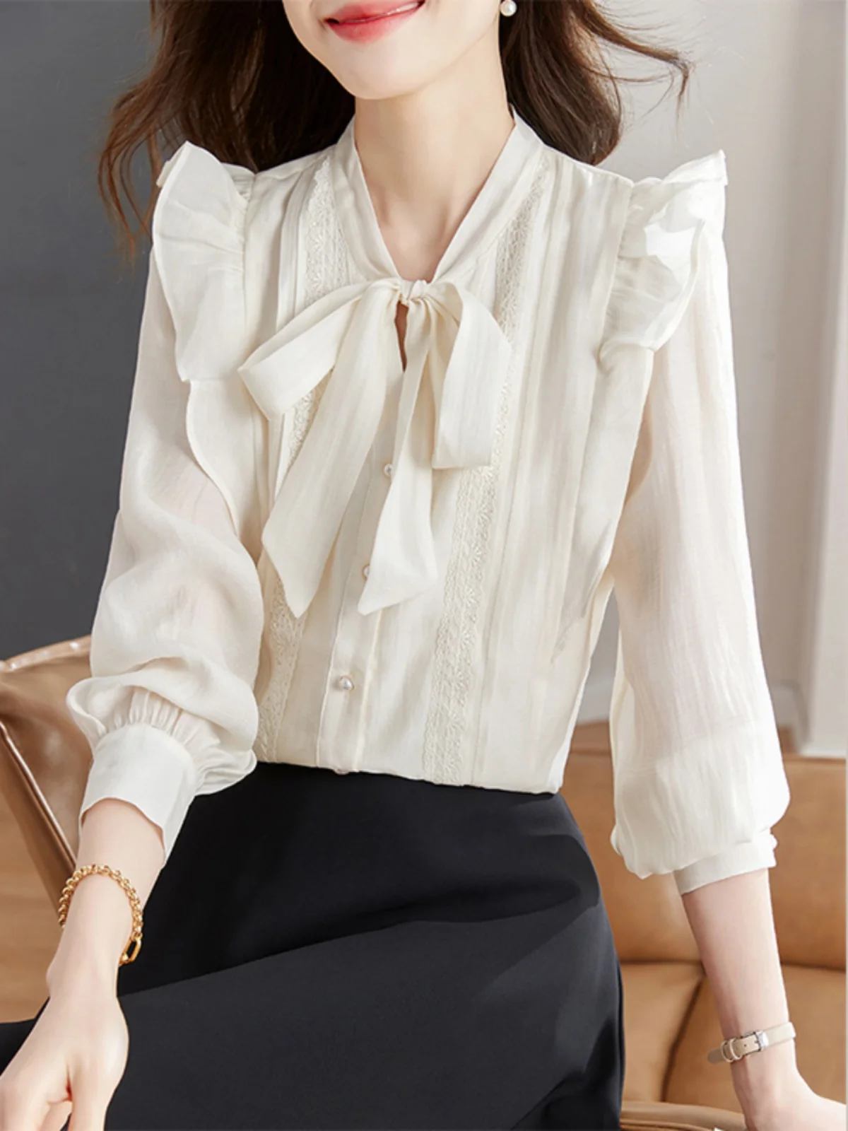 Шифоновые рубашки с французским бантом женские весенние 2024 новая рубашка в стиле