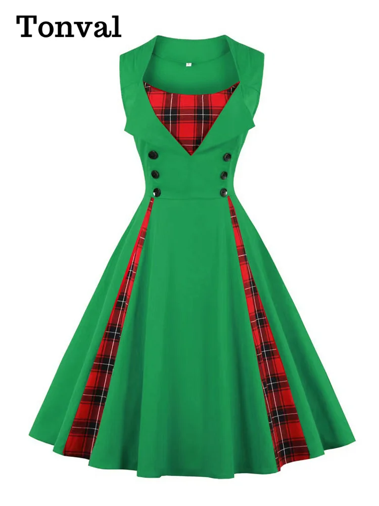 

Tonval Green and Tartan Patchwork Rockabilly Cotton Dresses for Women Square Neck Double Breasted Summer Retro Vintage Dress