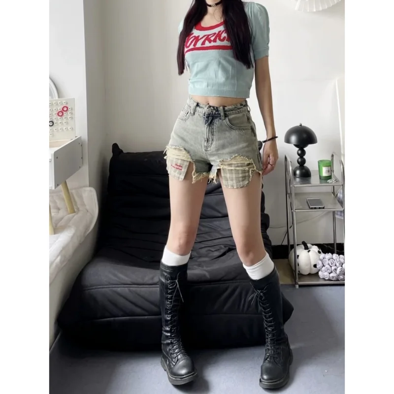 

Женские джинсовые шорты с завышенной талией, прямые широкие трапециевидные брюки с потертостями, для девушек