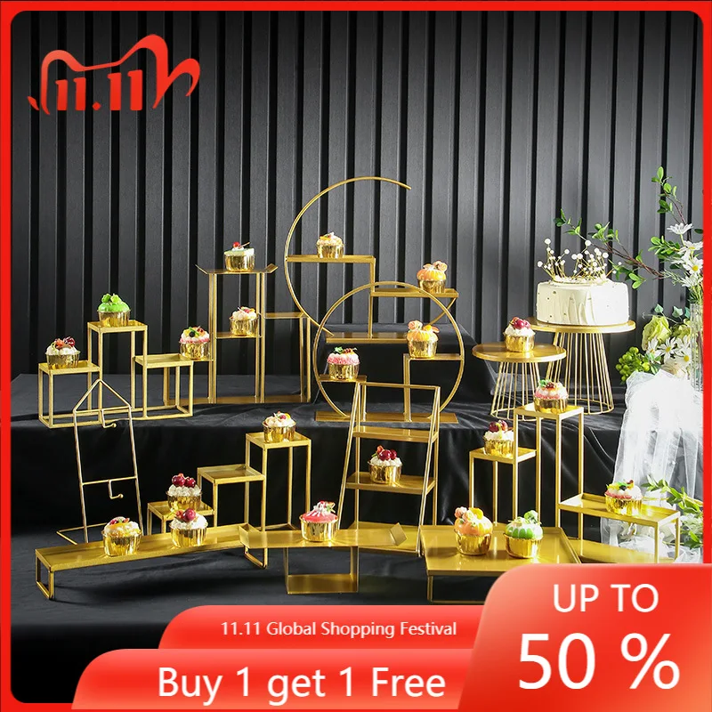 

[ 13 PCS ] European Dessert Table Show Wedding Decoration Set Simple cake Dim sum rack buffet buffet tea break table Golden