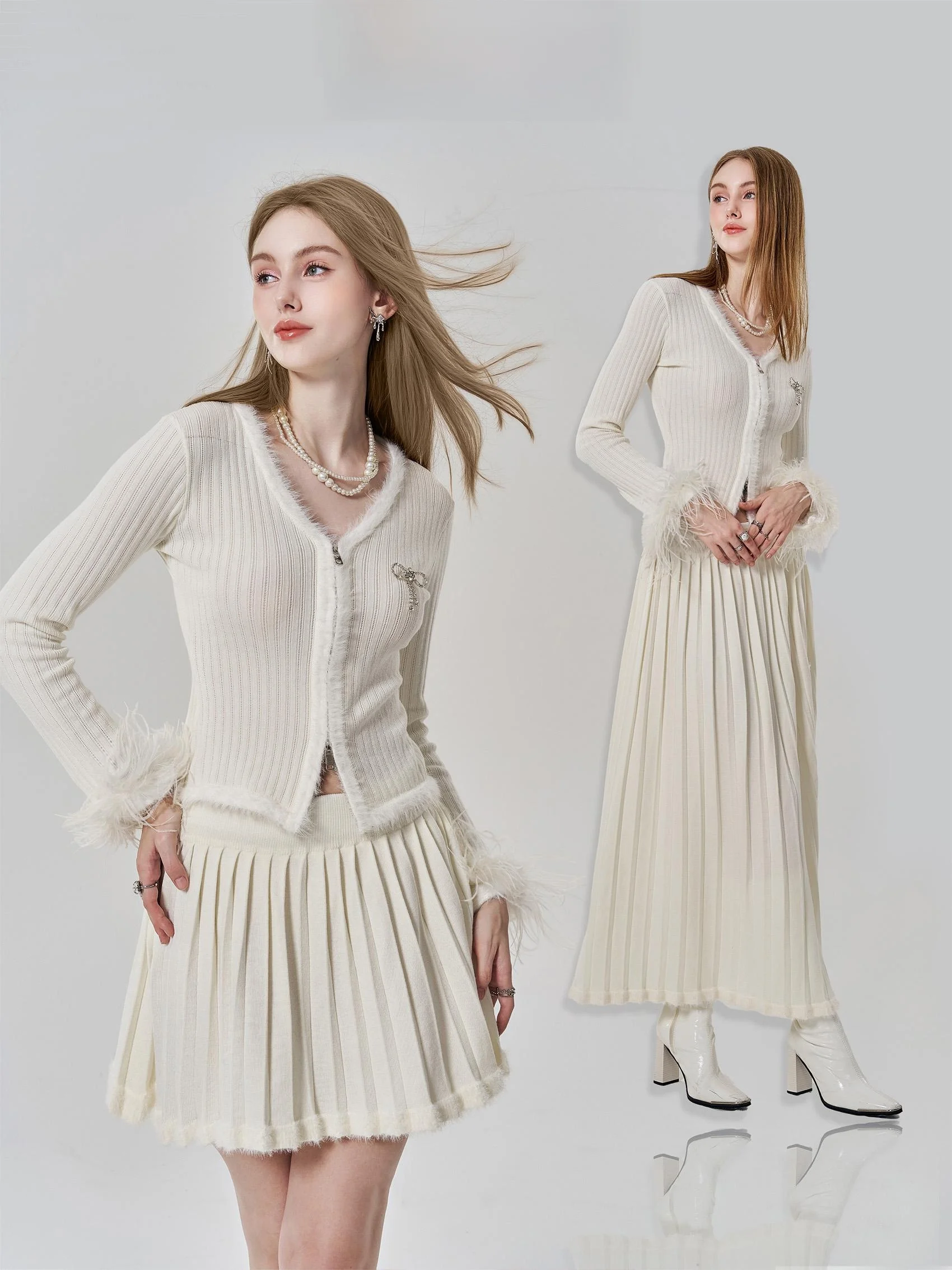 Sainteyunne Top and Original Autumn Winter Ostrich Cuff Burr Patchwork Knitted Slim fit Two-piece Set Tw362 |