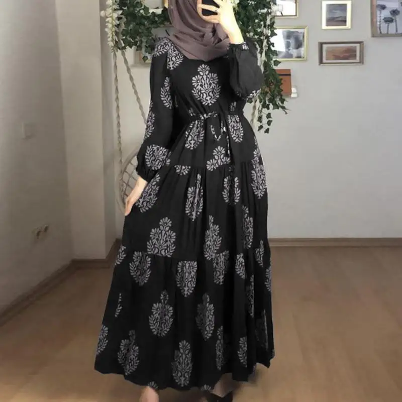 Casual Loose Holiday Elegant Long Robe Oversized Spring Women Printing Muslim Dress Full Sleeved Abaya Kaftan Sundress