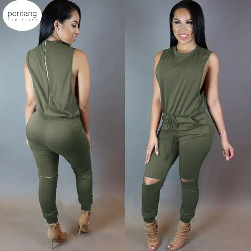 

Женский бандажный комбинезон с дырками без рукавов, на шнуровке, повседневные Комбинезоны, Комбинезоны для женщин, женские летние комбинезоны на молнии с круглым вырезом