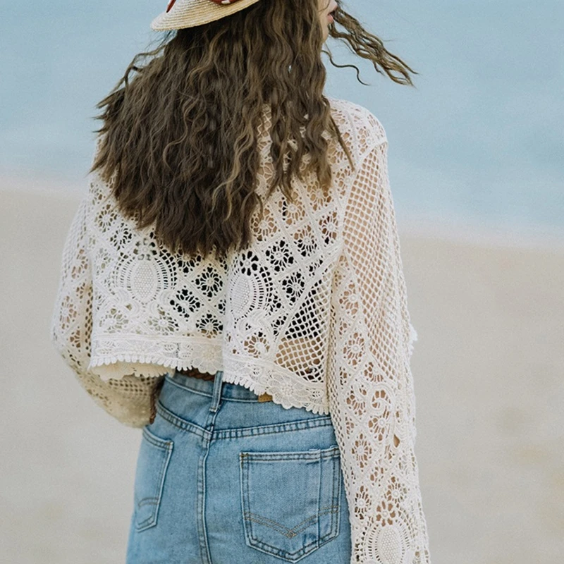

Women Hollow Crochet Cover Up Shirt Knit Plaid Floral Beach Loose Sheer Crop Top