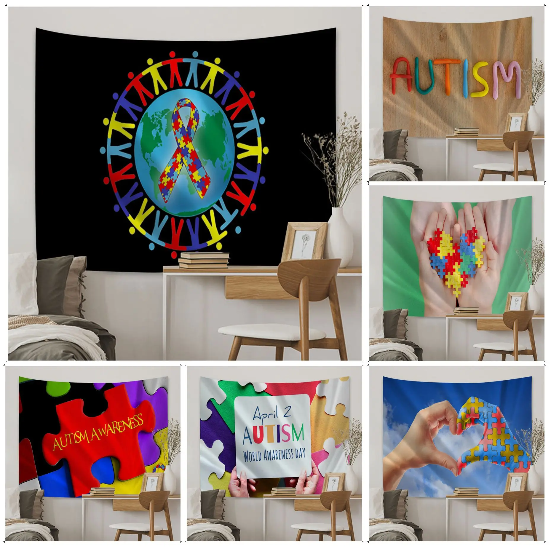 

Autism Awareness Pattern Chart Tapestry Cheap Hippie Wall Hanging Bohemian Wall Tapestries Mandala Kawaii Room Decor