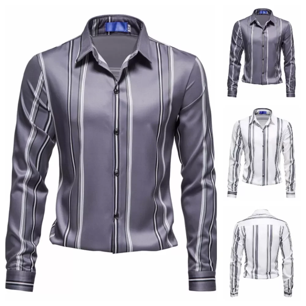 Casual Men's Lapel Vertical Stripe Printed Long Sleeve Shirt 2021 New Business