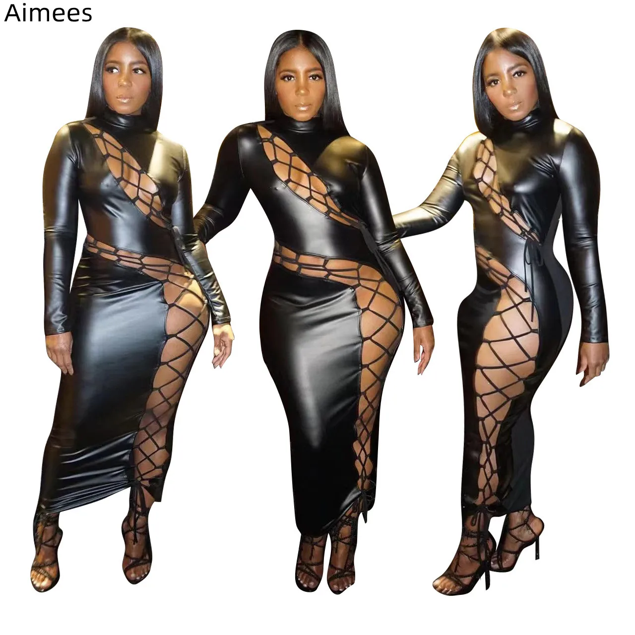 

New 2022 Autumn Winter Sexy PU Nightclub Dress Fashion Leather Long Sleeves Hollow Out Bandage Dresses Drop Shipping