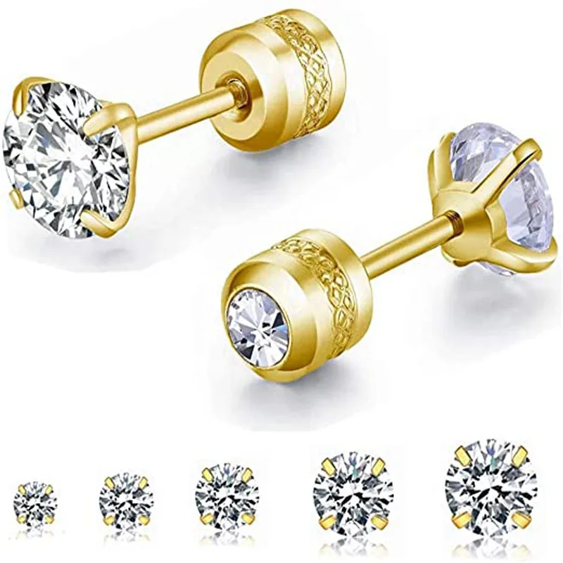 

5 Pairs Spiral Back Stud Earrings Set Hypoallergenic Stainless Steel Zircon Double Sided Ladies Men's Cartilage Earrings Gold